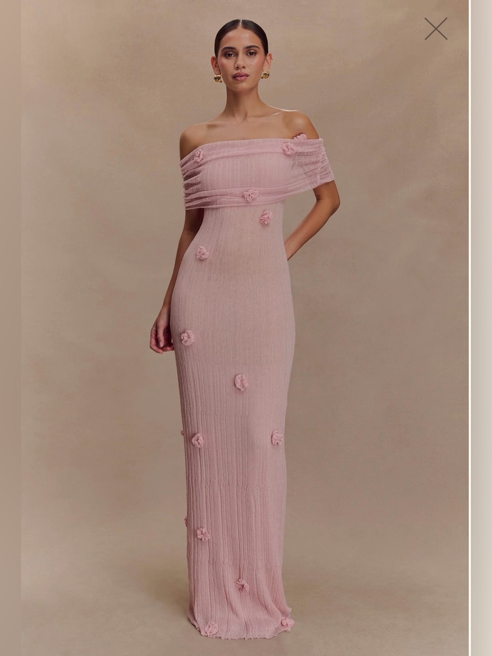 Meshki Blush Pink Off-Shoulder Maxi Dress with Floral Rosettes - Picture 2 of 5
